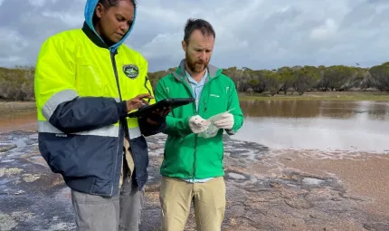 Tjaltjraak Healthy Country Team leader Hayleigh Graham recording eDNA sample data on the field data device and database.