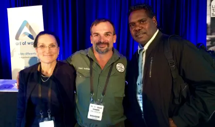 Dr Peta Miller (Safe Work Australia), Paul Augustin and Thomas Amagula (Dhimurru Aboriginal Corporation) at the Safety in Action conference in Sydney