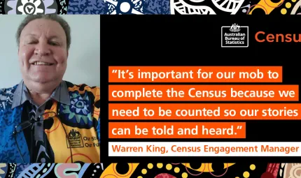 A middle aged man in a blue and yellow top smiles at camera. To his left is the following text: It’s important for our mob to complete the Census because we need to be counted so our stories can be told and heard. Warren King, Census Engagement Manager.