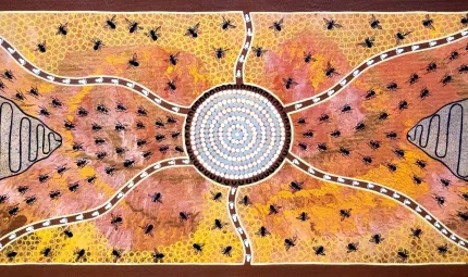 Indigenous artwork with yellow, pink, orange background. White and blue dot circle in the middle surrounded by a deep brown circle line, six lines of footprints extend from the centre circle to each corner and top and bottom of artwork. Between each line