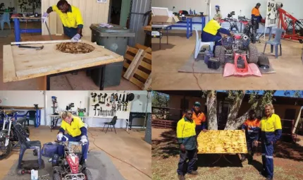 Multiple images of people wearing work wear inside and outside work areas.