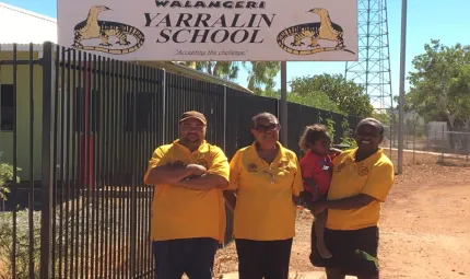 Yarralin Remote School Attendance Team: L-R; Simon Campbell, Frances Rosas and Jasmin Campbell (SAO), with Jasmin’s daughter, Ameera.