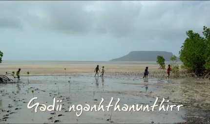 A group of youth walk across a wet and sandy beach between two sets of trees. In the background is more beach, an island and a cloudy sky. Text at the base of the image means Come with us in the Guugu Yimithirr language.