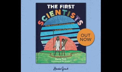 A blue tile with the image of a book cover in the middle featuring two figures. Behind them is an ochre coloured half-moon shape and another rounder shape. Text includes: The first scientists, Out now. At the base is the name Corey Tutt.