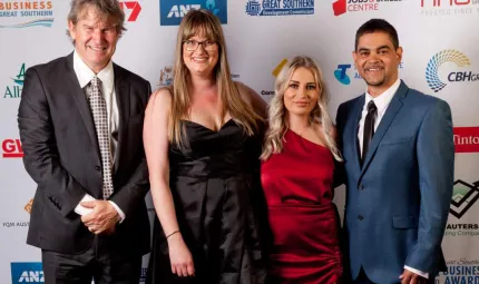 Chamber of Commerce business awards where Impact Services won the 2020 Indigenous Business of the Year award. From left to right, Stephen Quain, Stevie Paterson, Georgia Scott, and Stuart Roberts.