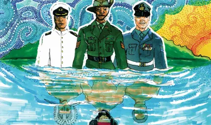 Graphical image of three Indigenous people dressed in naval, army and airforce uniforms but their images reflected in pool showing traditional Aboriginal and Torres Strait Islander dress