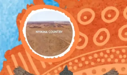 A tile featuring blue at top right and ochre filled with circles, dots and lines. At the bottom is a bird head and wing tips. At centre is embedded a photo of arid land and the text: Nyikina Country.