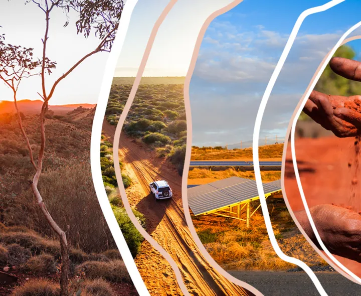 Image broken into 4 different slides displaying A gum tree in the Australian desert, a vehicle travelling on a sandy track, solar panels and red sand falling between fingers.