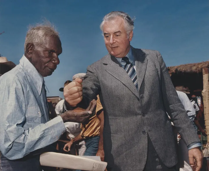Prime Minister Gough Whitlam and Gurindji Leader Vincent Lingiari, Photo credit: Mervyn Bishop