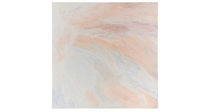 A pale painting incorporating white, blue, ochre and red wispy brush strokes running predominantly from top left to bottom right.