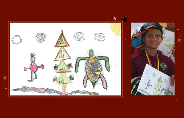 Two images side by side. At left is a hand drawn collection of images: person, Christmas tree, turtle and snake below. At right is a photo of a young boy holding the same drawing. He wears a maroon shirt and wears a cap on his head.