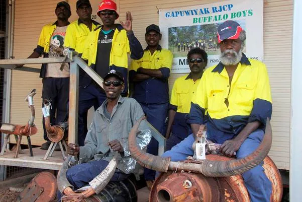 The Buffalo Boys of Gapuwiyak are an RJCP work crew that are learning valuable welding and metalwork skills creating metal sculptures of animals. The sculptures are proving a hit, with customers lining up to buy them.