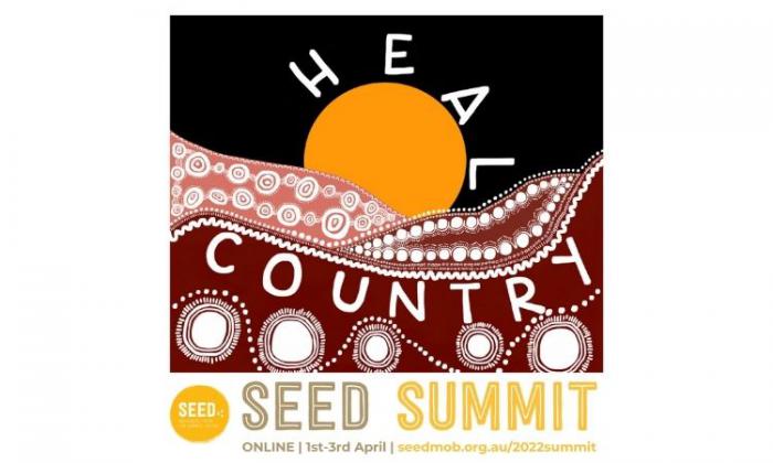 A multi-coloured tile featuring a yellow sun rising from ochre and white dotted wavy line and shapes. It features the words Heal Country and Seed Summit.