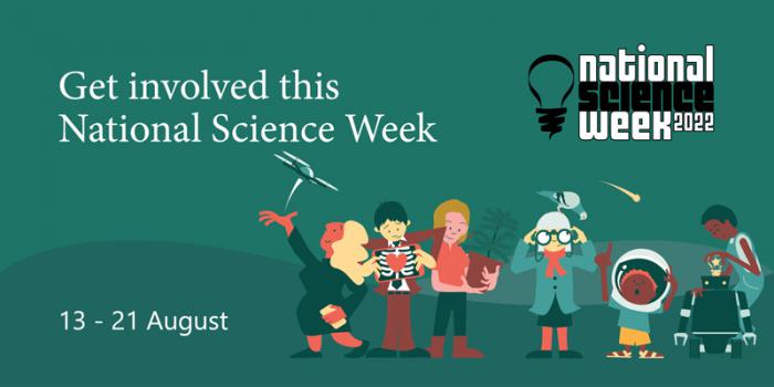 various cartoon characters doing science related things including flying a drone, looking at an x-ray image, bird watching and building a robot. Text on image reads 'get involved this National Science Week 13-21 August' 