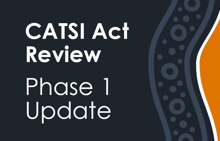 On a dark blue background, the words CATSI Act Review Phase 1 Update appear. On the right hand side of the image, there is some blue, orange and white wavy lines, circles and dots.