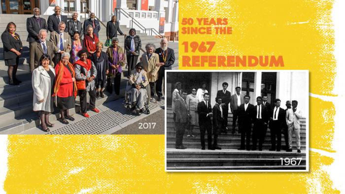Elderly Indigenous and non-Indigenous people standing on steps with the number 2017 below them. To the right are the words ‘50 years since the 1967 referendum’. Below is an inset picture of a group of people Indigenous people on same steps. 1967