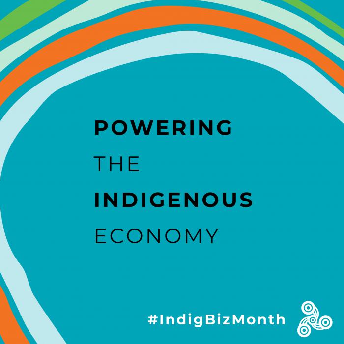 A blue tile with orange, white and green lines running around the edges. In the middle is the text: Powering the Indigenous economy. #IndigBizMonth. A four circle logo sits at bottom right.