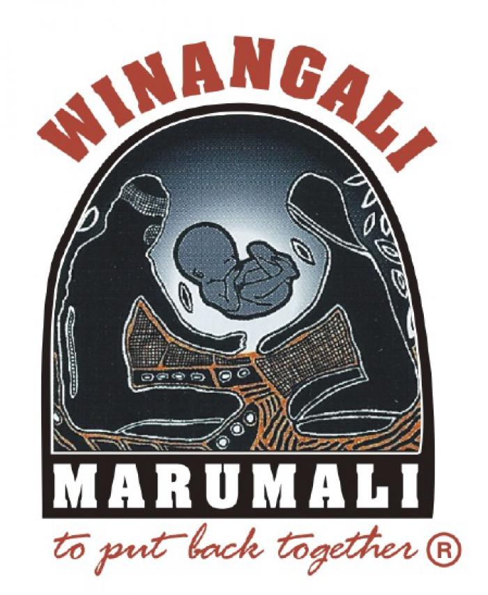 Baby supported by two figures and the words 'Winangali Marumali - to put back together'.