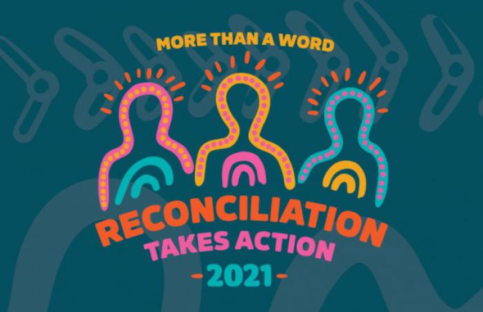 Blue tile with 3 dot and line formed human shapes. Words are: More than a word. Reconciliation takes action 2021.