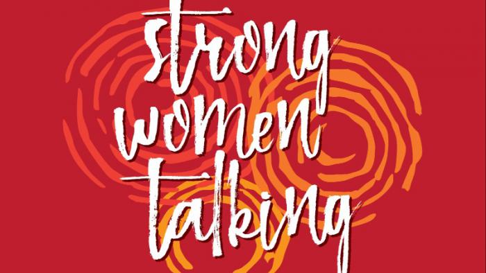 A red tile with swirls and the following text: strong women talking