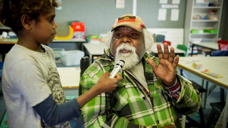 Ashely Lankin interviewing Ntaria Indigenous Engagement Officer Ed Rontji.