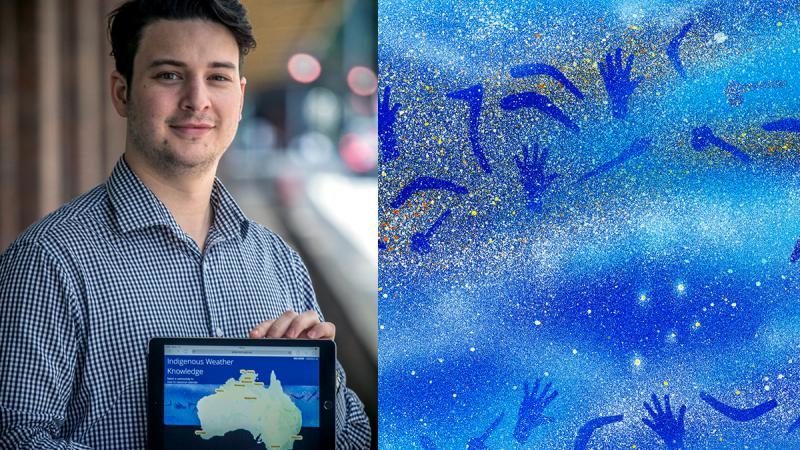 Young man with dark hair holding iPad featuring the Bureau of Meteorology’s Indigenous Weather Knowledge website. The webpage shows a map of Australia