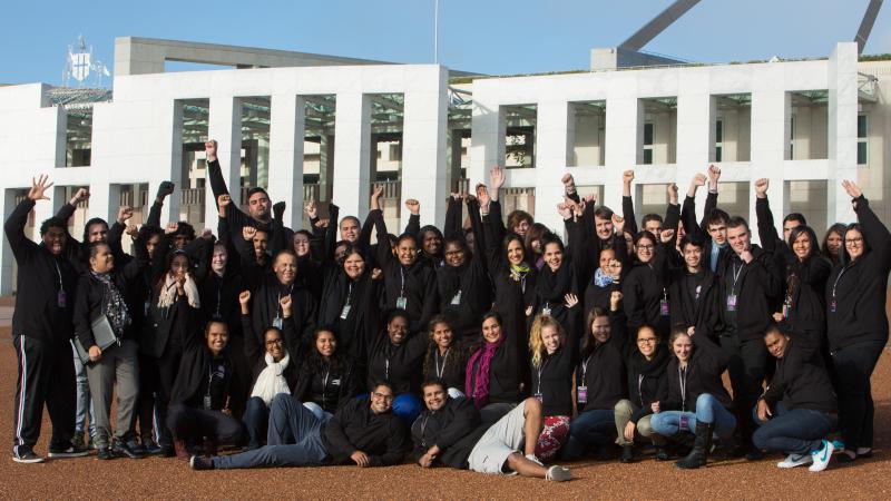 Many Indigenous youth in front of Parliament House