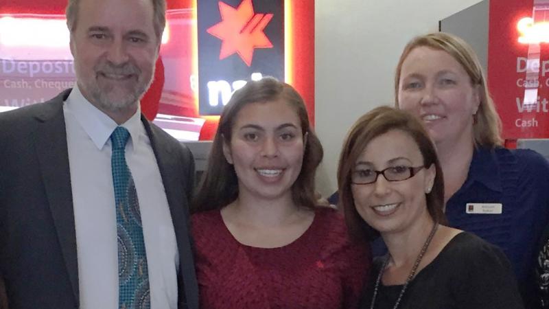 Minister for Indigenous Affairs, Nigel Scullion, with trainee Lakota Coleman, Lakota’s manager Hanan Etri, and Regional Operations Manager Allison Baker at NAB Parramatta.