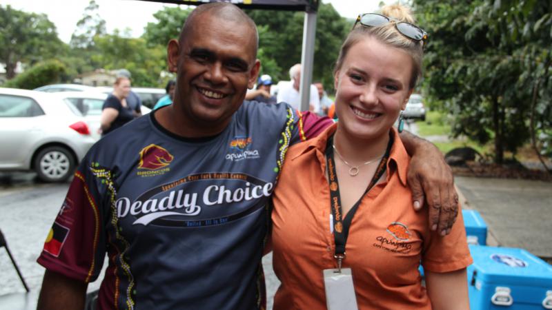 Apunipima Men’s Health Manager Bernard David with Healthy Lifestyles administration officer Carly Hilton at the recent Deadly Choices launch at Mossman Gorge.