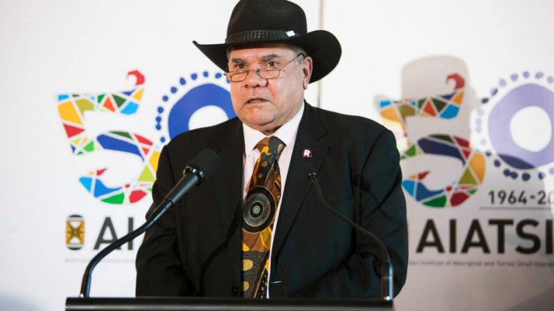 Australian Institute of Aboriginal and Torres Strait Islander Studies (AIATSIS) Chairperson Professor Mick Dodson at the launch of the AIATSIS coin.