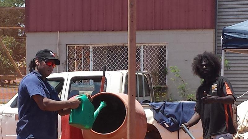 Milingimbi locals Robert Yurrkrrwuy and Jason Wanambi on the job at a construction site.