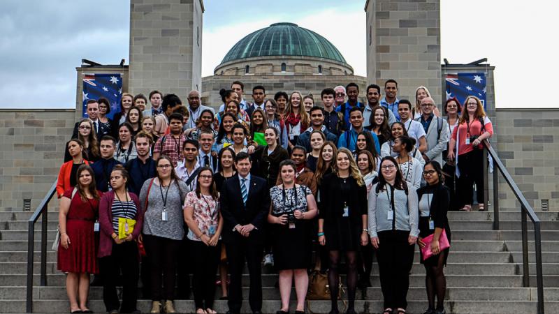 Participants in the WEX programme on the steps of the Australian War Memorial with Defence Minister Andrews.