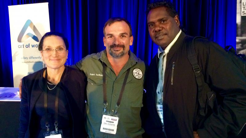 Dr Peta Miller (Safe Work Australia), Paul Augustin and Thomas Amagula (Dhimurru Aboriginal Corporation) at the Safety in Action conference in Sydney