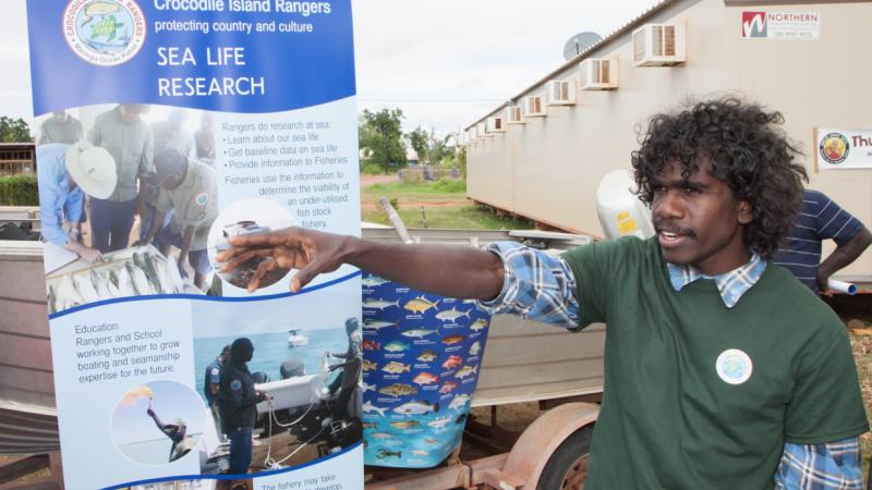 Zach Yarrang, a Crocodile Islands Junior Ranger from Murrungga Island at the Milingimbi Community Work and Job Fair.