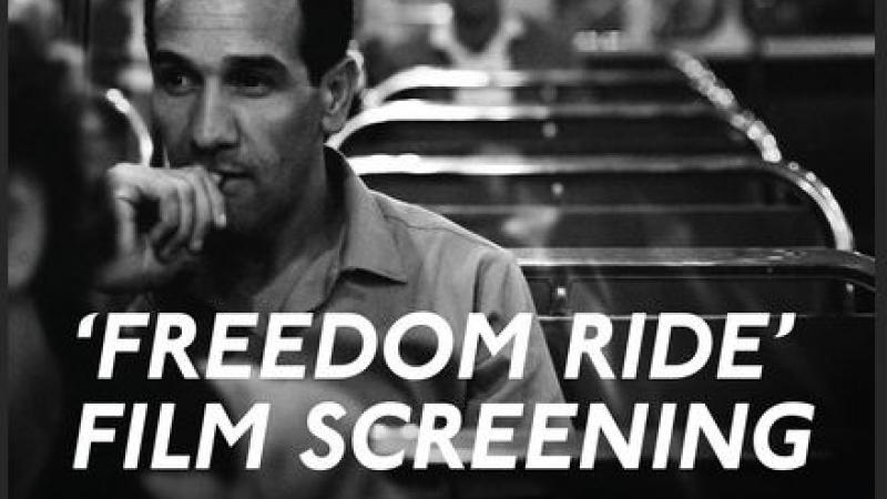 Part of the film poster for movie Freedom Ride featuring a man on a bus with others and details about the screening of the movie