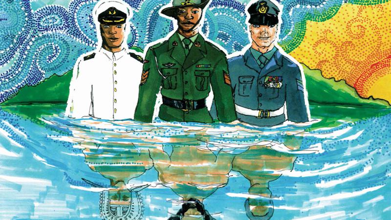 Graphical image of three Indigenous people dressed in naval, army and airforce uniforms but their images reflected in pool showing traditional Aboriginal and Torres Strait Islander dress