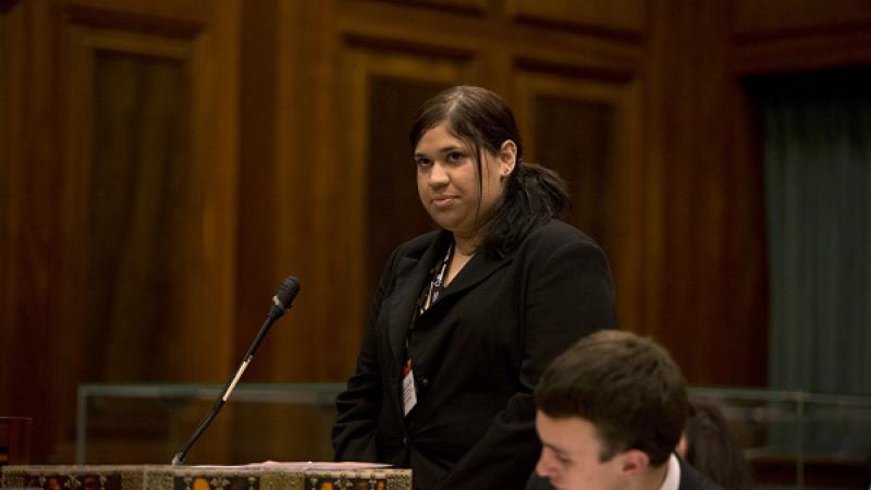 Larrakia woman Nateesha Collins addresses the National Indigenous Youth Parliament, Canberra, ACT. Photo: Penny Bradfield.