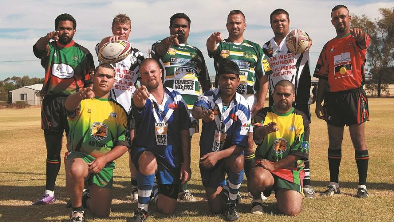 The Wilcannia Boomerangs, Broken Hill Saints, Menindee Yabbies, Parntu Warriors and Broken Hill Geebungs say no to domestic violence.