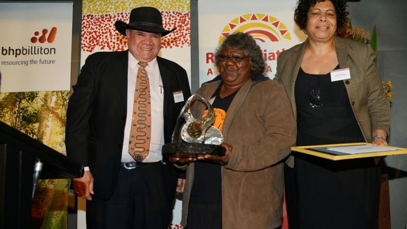 Indigenous Governance Awards chair Professor Mick Dodson with Yanyi Bandicha and Andrea Mason, who received an award for NPY Women’s Council. Photo: Wayne Quilliam.