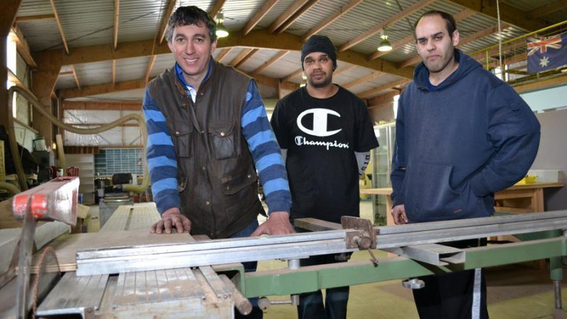 Trainer Mark Walters in the workshop with Try a Trade participants Mark Naden and Sam Rigney, Mount Gambier, SA.