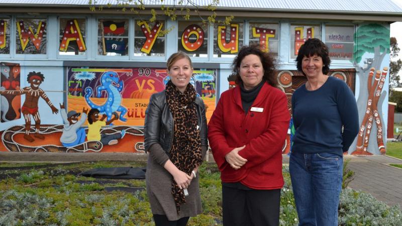 Pangula Mannamurna programs manager Sarah Bormann, CEO Karen Glover and clinic manager Fiona Wotherspoon, outside the health centre’s youth room, Mount Gambier, SA.