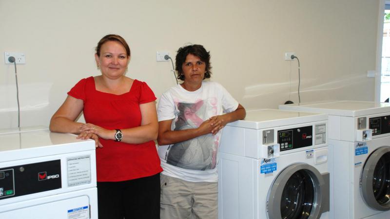 Melissa Tooth and Cetress Murray, who work at the Murdi Paaki Laundry in Walgett, NSW.