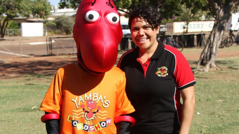 Jacinta Price and Yamba the honey ant, from Imparja’s Television’s preschool program Yamba’s Playtime.