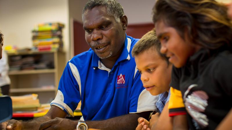 Frank Watt, Cajun Darby and Nanette Wilson-Watt at Mornington Island State School.