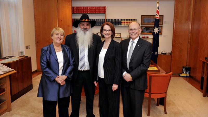 Prime Minister Julia Gillard and Minister Jenny Macklin with Expert Panel Co-chairs Pat Dodson and Mark Leibler.