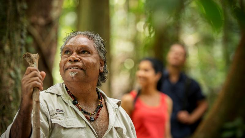 Kuku Yalanji elder Roy Gibson on the Dreamtime walk, Mossman Gorge Centre.