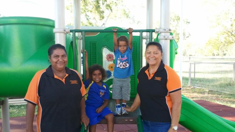 Roberta Kalinic with her children Curtisha and Develliers, and Robinson River Crèche coordinator Bertha Cochran.