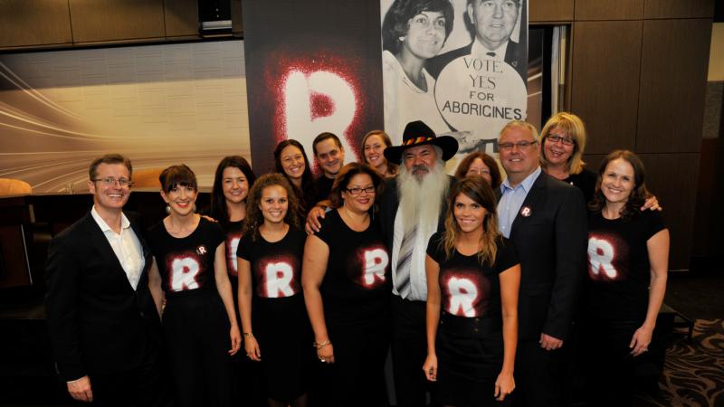 Shannan Dodson (centre front) with Recognise campaigners at the National Press Club on the day the Act of Recognition passed the House of Representatives. Photo: Courtesy of Wayne Quilliam Photography