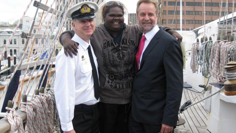 Lieutenant Commander Gavin Dawe with Beswick IEO Deanna Kennedy and Minister Nigel Scullion, Hobart, TAS.