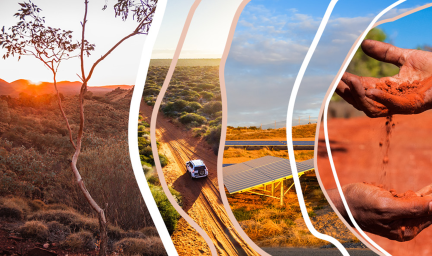 Image broken into 4 different slides displaying A gum tree in the Australian desert, a vehicle travelling on a sandy track, solar panels and red sand falling between fingers.